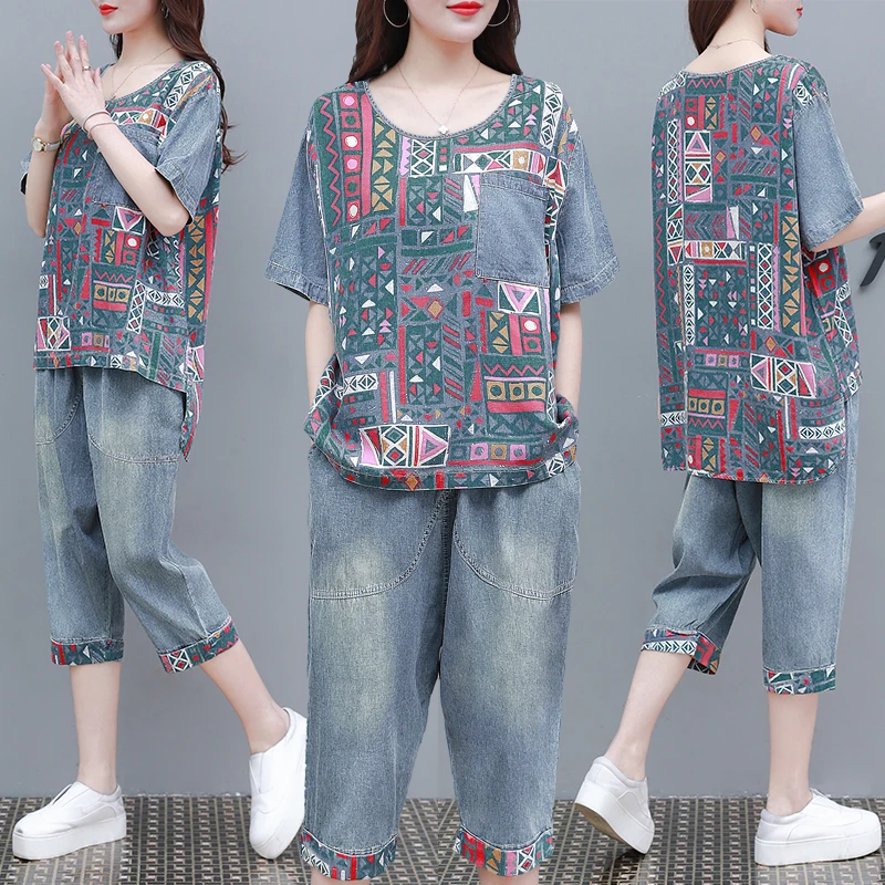

Two piece set women Denim suit summer new Korean loose Large size Print casual meat denim suit short sets for women track suits