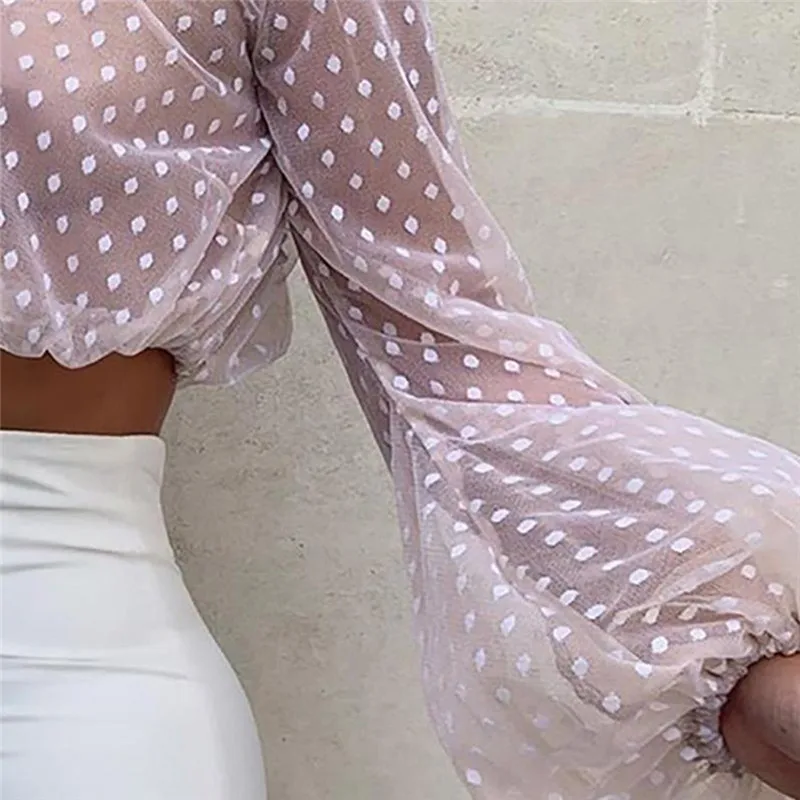 

hirigin Womens casual shirts female high neck Fashion short Tops ladies See-through Sheer Mesh Puff Long Sleeve new Blouses