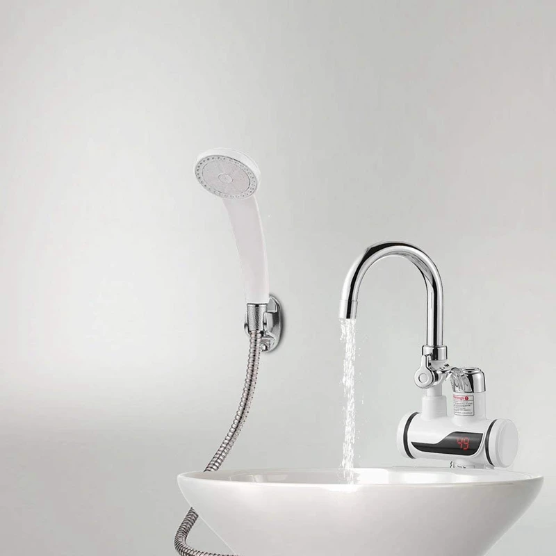 

Sink Faucet with Removable Shower Electric Head and Instant Hot Water Cold LED with Temperature Indicator EU Plug