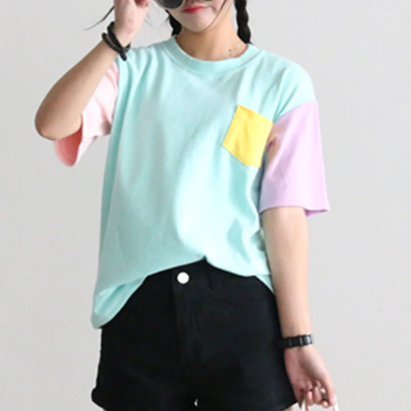 2020 летние новые стильные модные женские футболки в стиле Харадзюку пэчворк милые