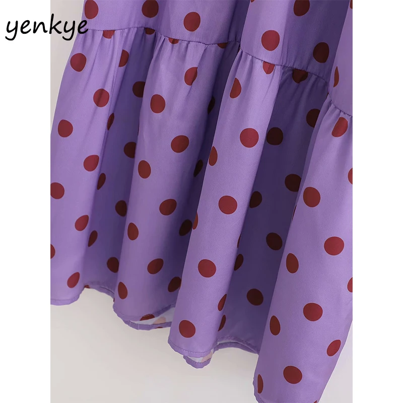 Весна 2020 женское винтажное платье сатин в горошек с бантом на воротнике и длинным