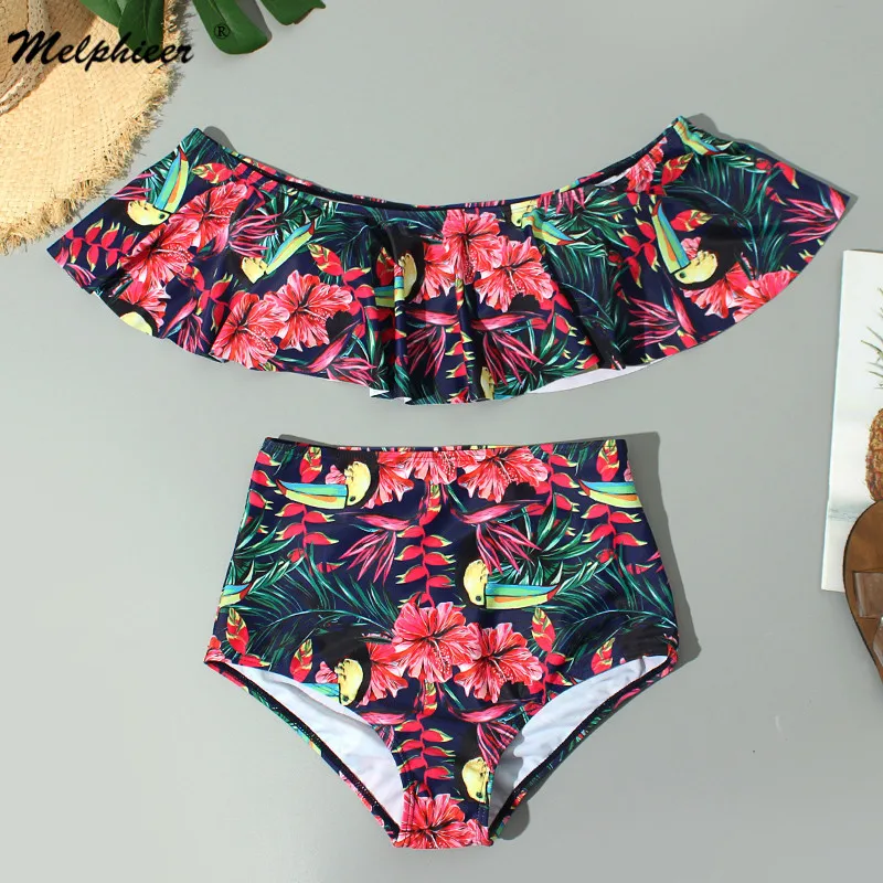 Женский купальник с высокой талией бикини оборками и цветочным принтом
