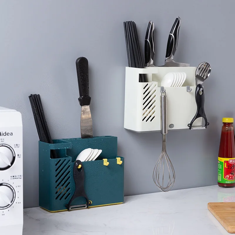 

Wall-Mounted Chopsticks Cage Holder Knife Fork Tableware Storage Box Hook Drain Containers Kitchen Cutlery Kitchenware Organizer