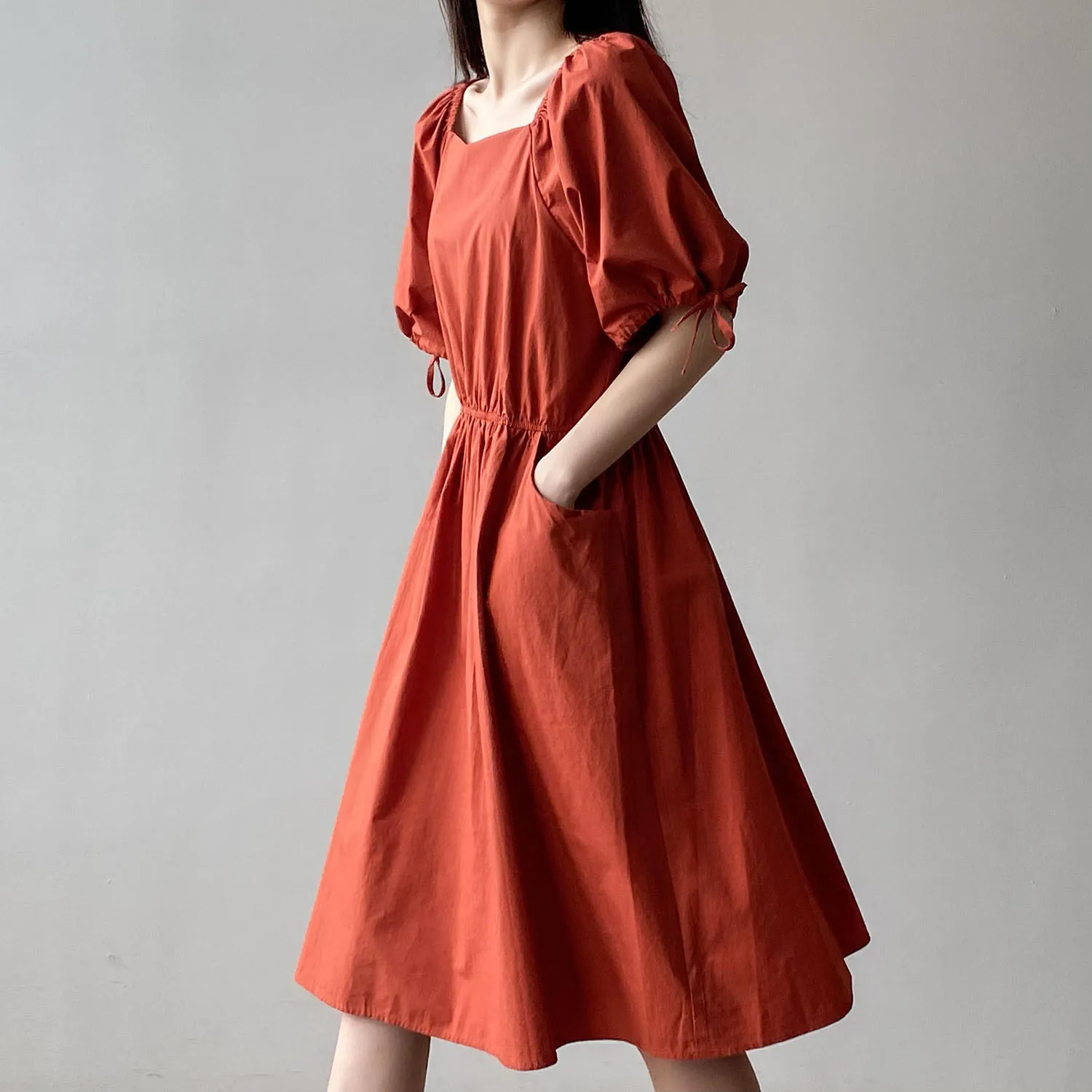 

Square Collar Dress Women's 2021 Summer New French Style Retro Waist-Controlled Sweet Puff Sleeve A- line Skirt