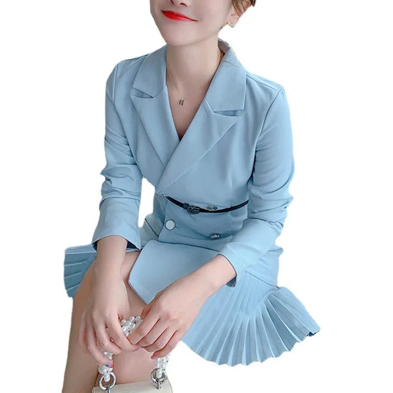 

Suit Dress Office Lady Blue Pleated Belt Notched Long Sleeve Double-breasted Elegant Women Slim Mini Dresses 2021 Autumn T609