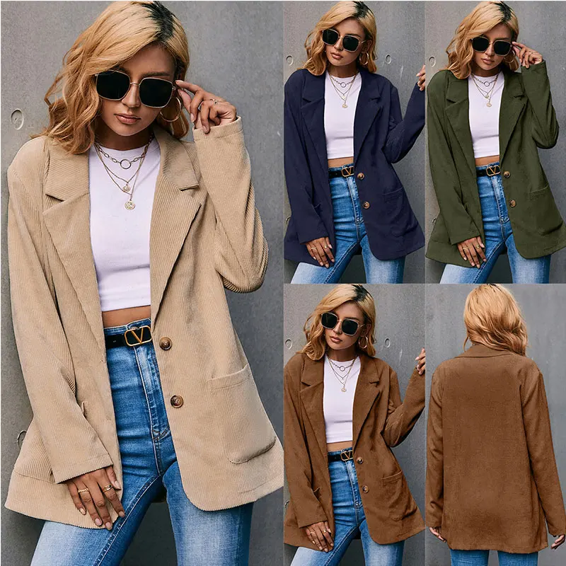 

Женское вельветовое пальто с длинным рукавом, отложным воротником и пуговицами