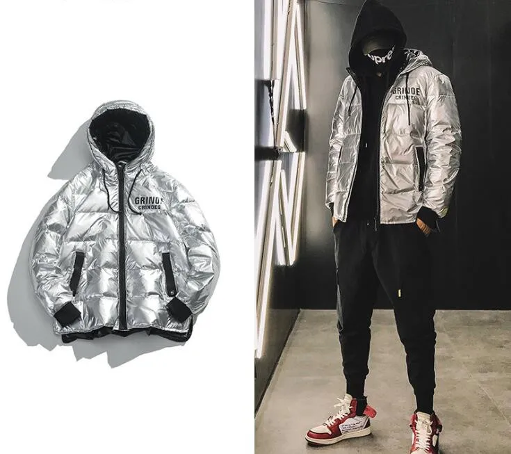 2019 японский свободный серебряный глянцевый пуховик с капюшоном мужской зимний