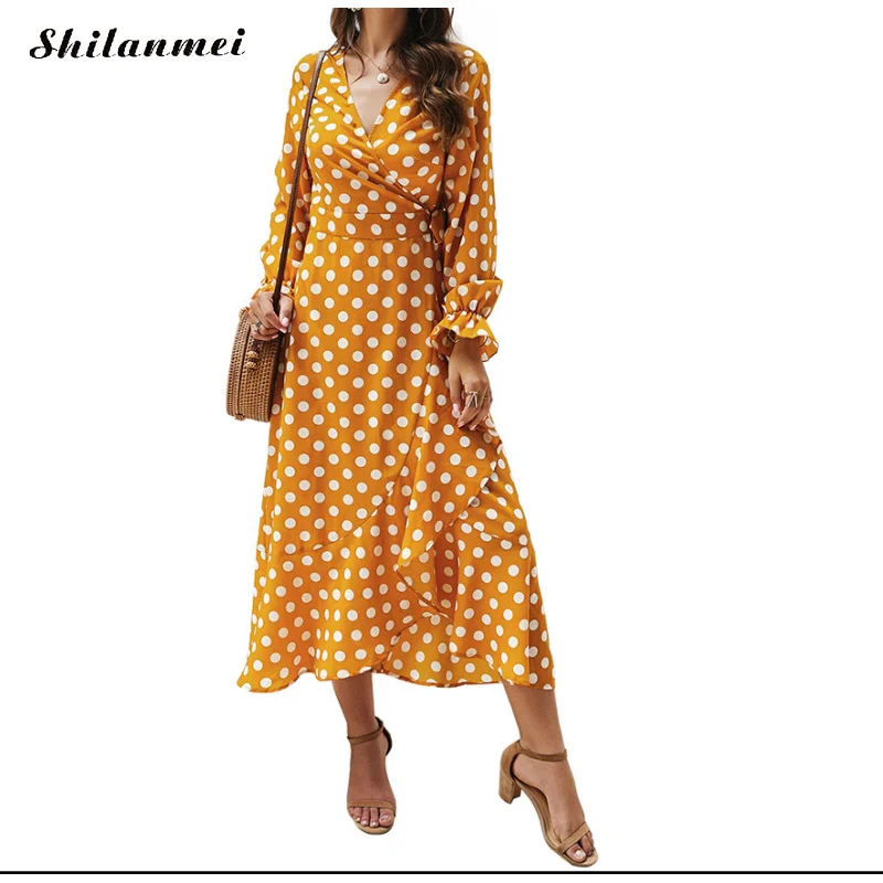 Желтое платье в горошек женское осеннее длинное праздвечерние чное с оборками