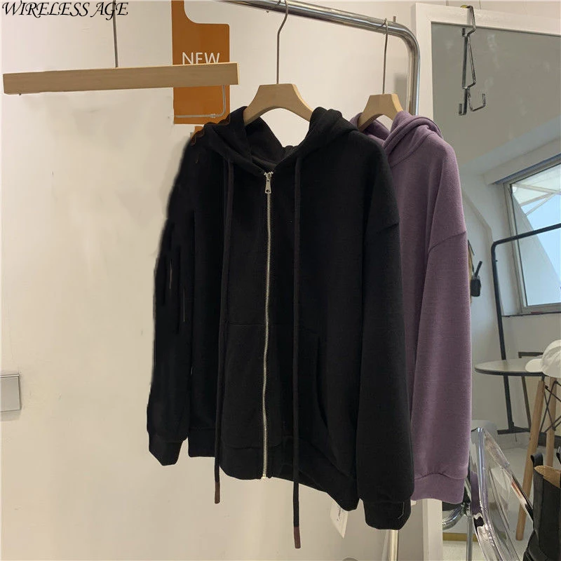

Women Sweater Long Sleeve Hooded Collar Solid Color Loose Cardigan Casual Thin Zipper Women's Tops Spring Autumn Fashion Wild