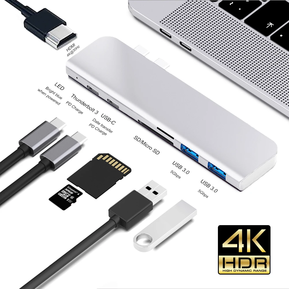 

Док-станция USB Type-C адаптер Thunderbolt 3 с HDMI-совместимым 4K TF SD-ридером слотом PD USB 3,0 для MacBook Pro/Air M1 2018 - 2022