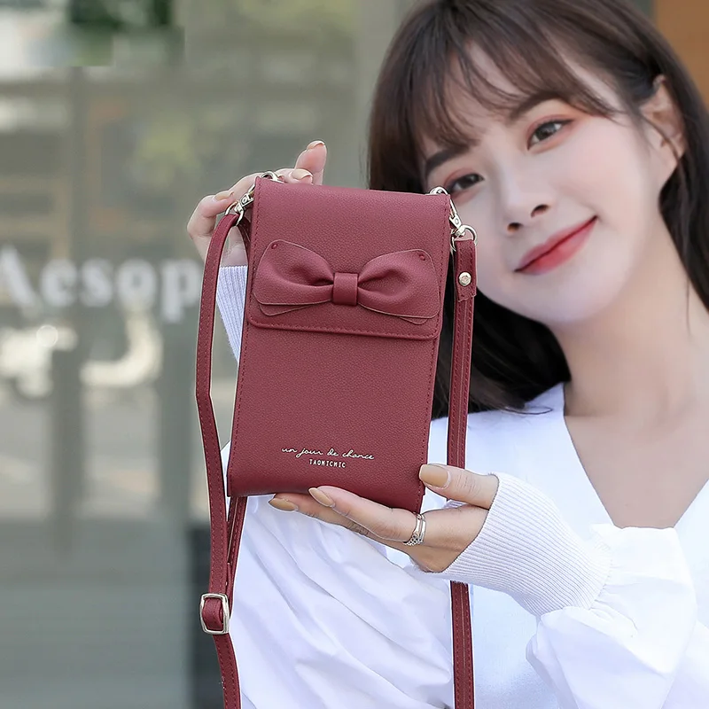 Kawaii Bow Small Crossbody Bag for Girls Soft PU Leather Phone Shoulder Bags Ladies Clutch Handbag Clutch Fashion Portable Purse