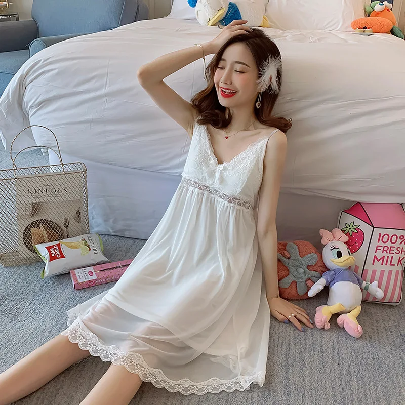 Nightdress Women's Summer Nightdress Thin Sling Gown Sexy Nightgown Lace Backless Court Princess Dress with Bra Female Sleepwear