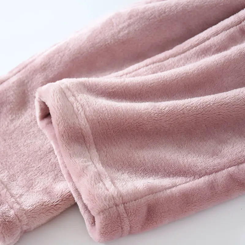 

Women Sleep Bottoms Couples Solid Flannel Simple Straight Homewear Female Warm Drawstring Elastic Waist Sweet Cute Korean Style