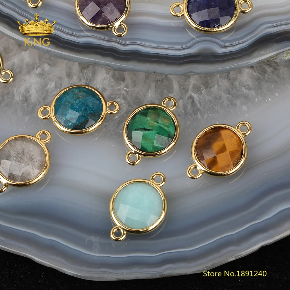 

5pcs 12mm Coin Connectors for Jewelry Making,Faceted Stones Gold Findings,Lapis,Amazonite,Tiger Eye Charms Crafts Bracelet