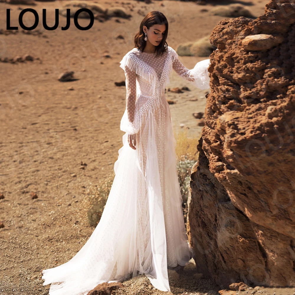 

LUOJO Ivory BOHO A Line Wedding Dress Scoop Neckline Long Puffy Sleeves Lace Bridal Gown Sexy Backless Brides Dress