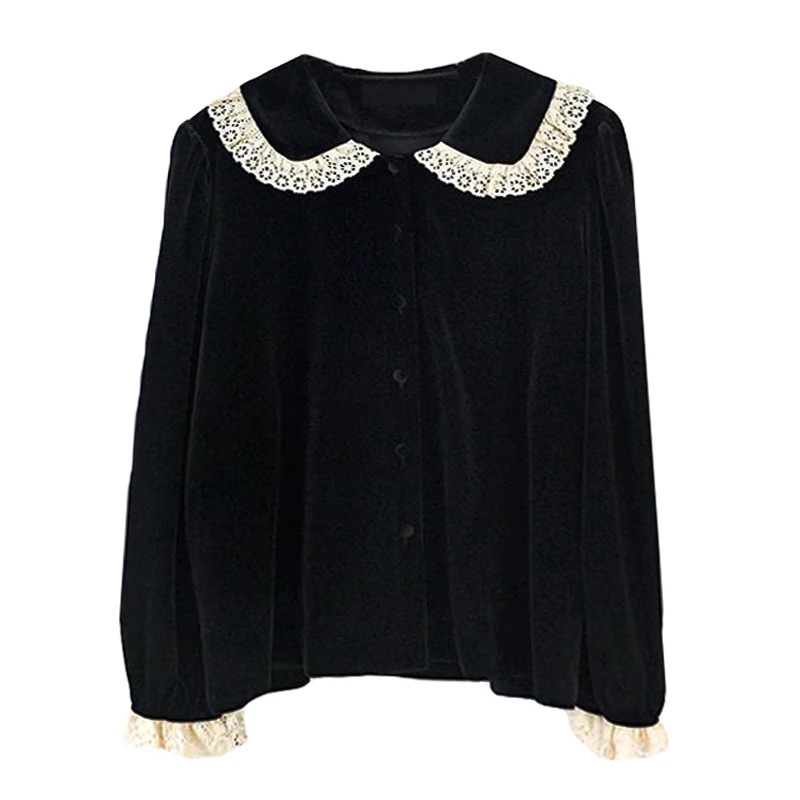 

Korean Ulzzang Spring Autumn Women Shirt Peter Pan Collar Lace Ruffles Black Velvet Loose Blouse Petal Sleeve Elegant Lady Blusa