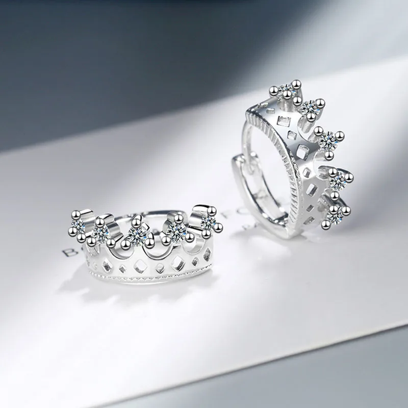 MEETSOFT 925 Sterling Silver Prevent Allergy Crystal Hoop Earrings for Women Trendy Small Irregular Crown Circle Jewelry Gift | Украшения и