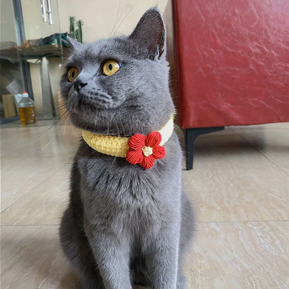 

Cat Collar Cute Knitted Collar with Cherry Pet Collar Flower Cute Charm Adjustable Safety Kitty Kitten Collars