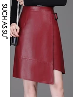 y2k irregular 2021 pu leather skirt women black red green khaki brown high waist asymmetrical s 3xl size autumn female skirt