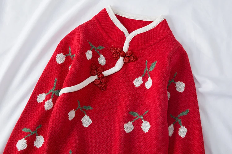 Autumn Winter Cherry Knit Girl Dress New Year Clothes Long Sweater Chinese Style Cotton Children Cheongsam Dress 2-6 Years