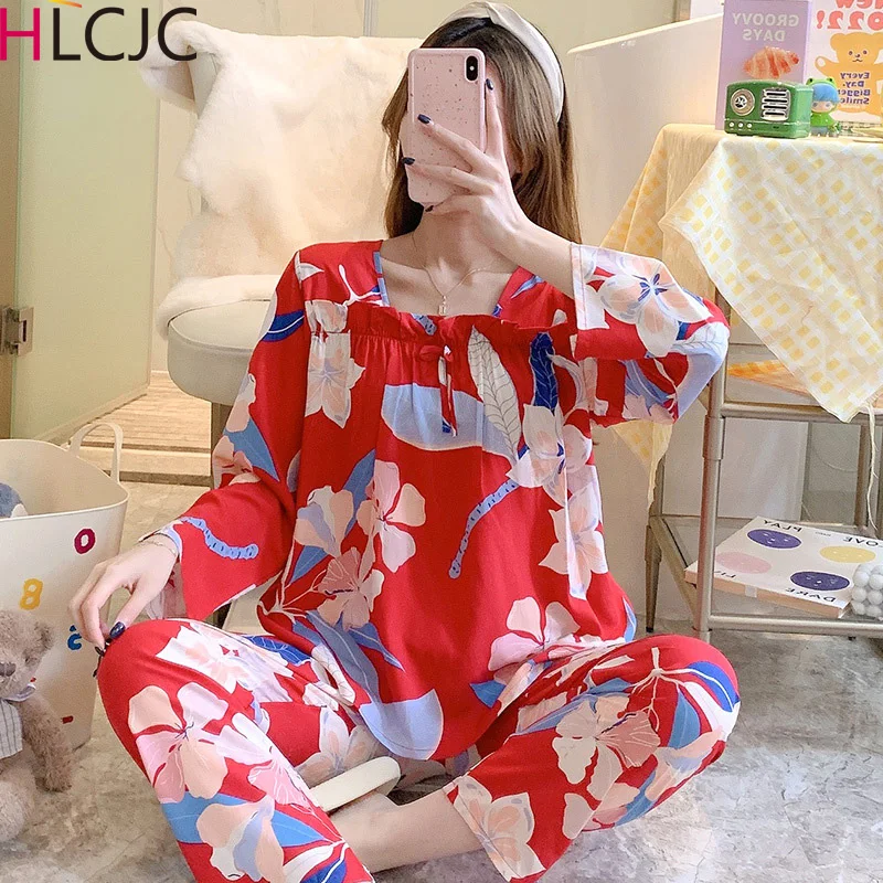 

Spring Summer New 100% Viscose Long-sleeved Trousers Ladies Pajamas Suit Simple Style Long Pyjamas Femme Women's Home Service