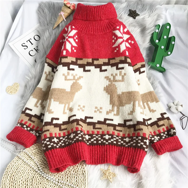 

EBAIHUI Woman Christmas Sweaters Deer Print Turtleneck Pullover Knitting Korean Fashion Leisure Baggy Autumn Winter Sweater 2021
