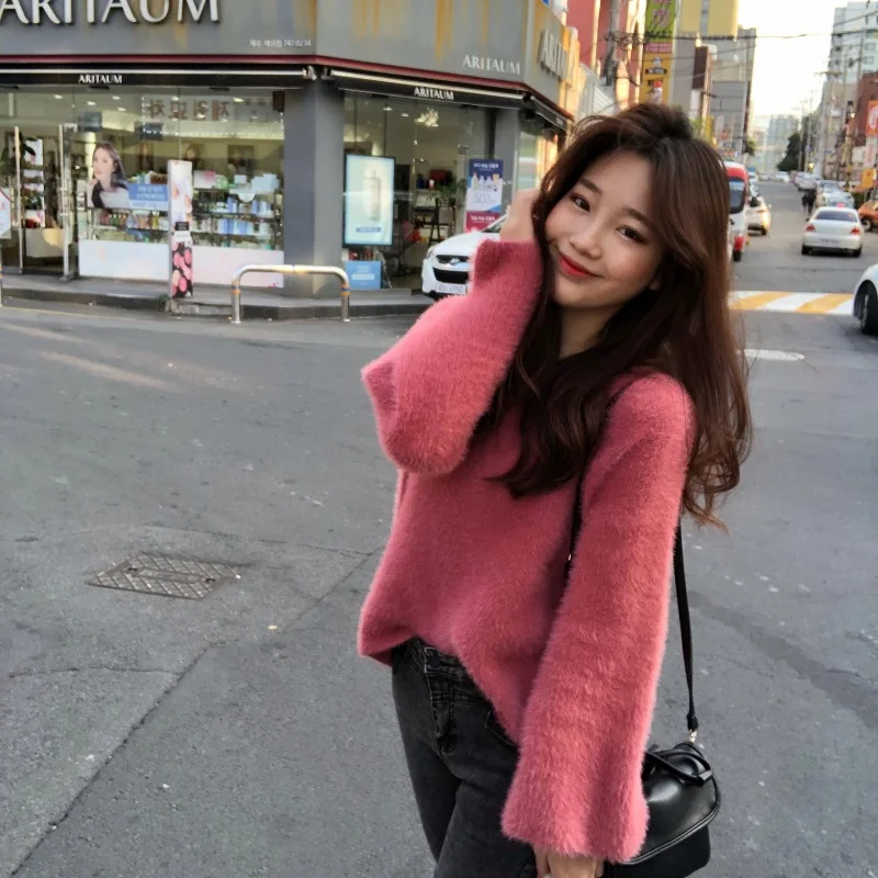 Осень корейский ins Harajuku сладкий винтажный сплошной цвет вязаный свитер женский модный Свободный v-образный вырез с длинными рукавами женский свитер