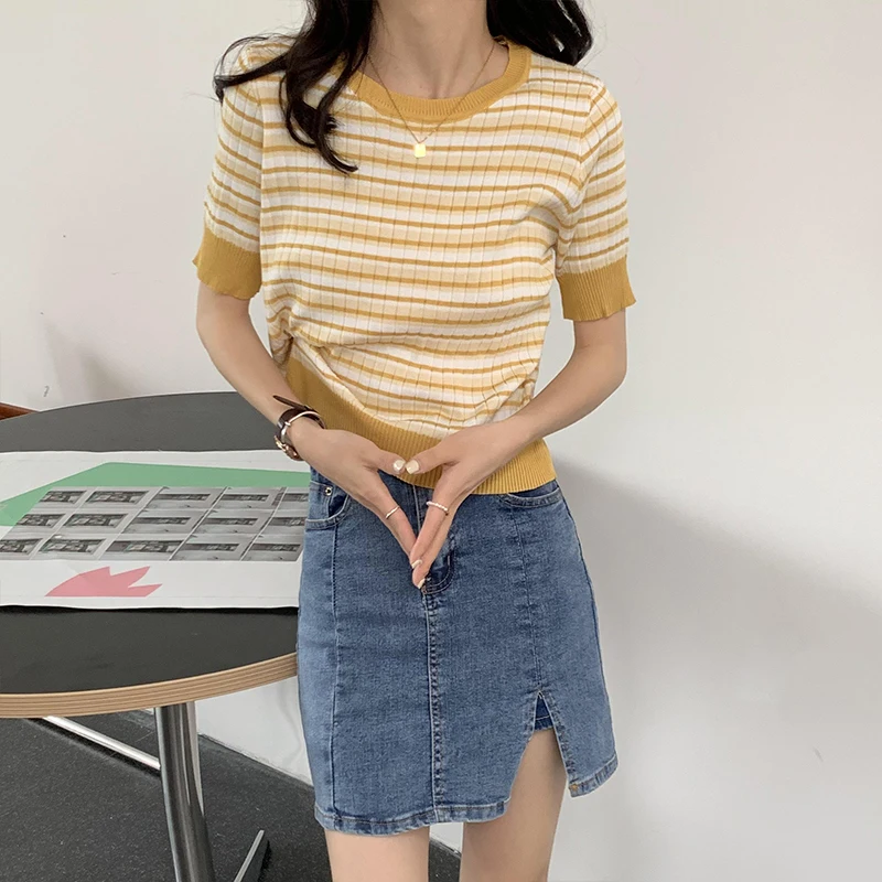 

New Summer Hit Colors Knitted T-shirts Women Korean Slim Style Plain O Neck Short Sleeve Striped Tees Female Basic Soft Tops