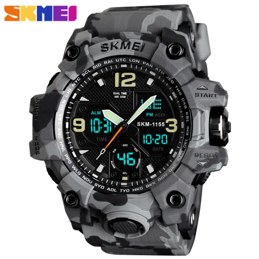 SKMEI Relogio Masculino Мужские кварцевые цифровые часы 2 времени военные армейские спортивные часы водонепроницаемые часы с календарем и хронографом наручные часы - Цвет: Camouflage gray