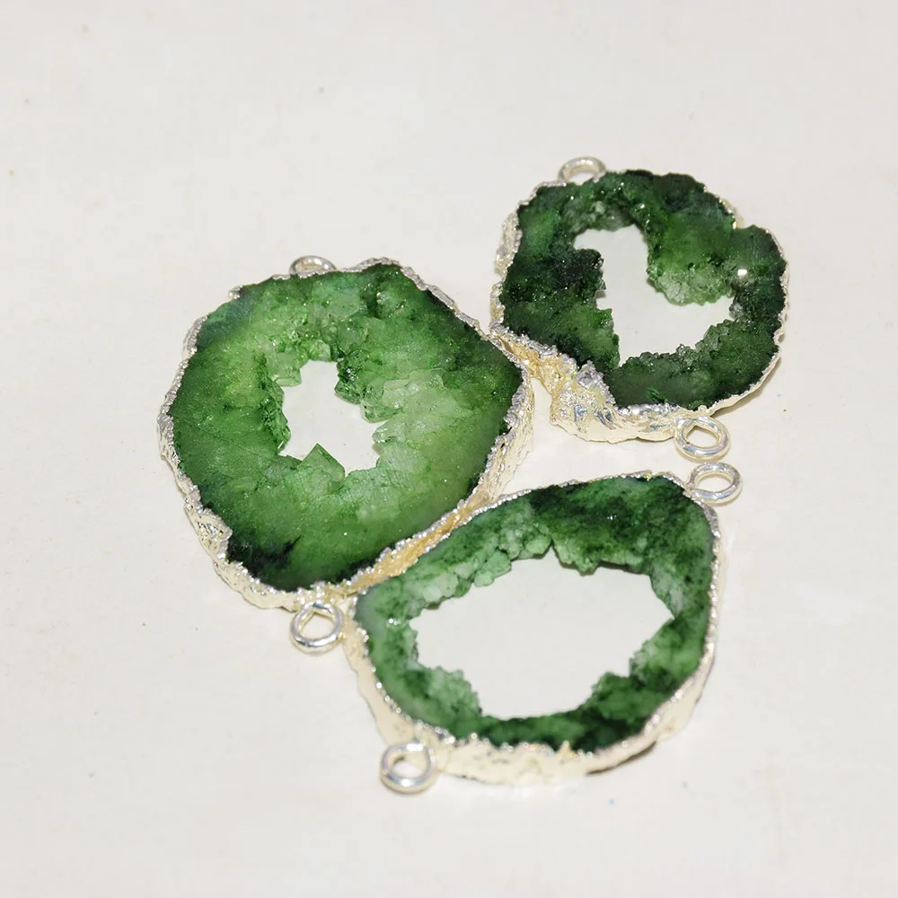 

Big Green Druzy Stone connector for jewelry making women 2023 gold plating bezel Geode druzy slice hole Irregular agate 10pc