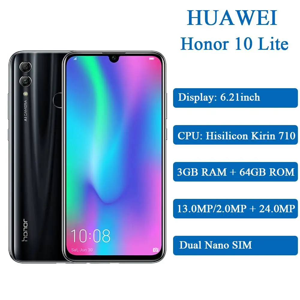 Honor 10 Lite Android 9,0 6,21 дюймов 3+ 64 Гб Смартфон 3400 мАч 24MP 3 камера мобильный телефон AI камера отпечатков пальцев Восьмиядерный - Цвет: Global 3G 64G Black