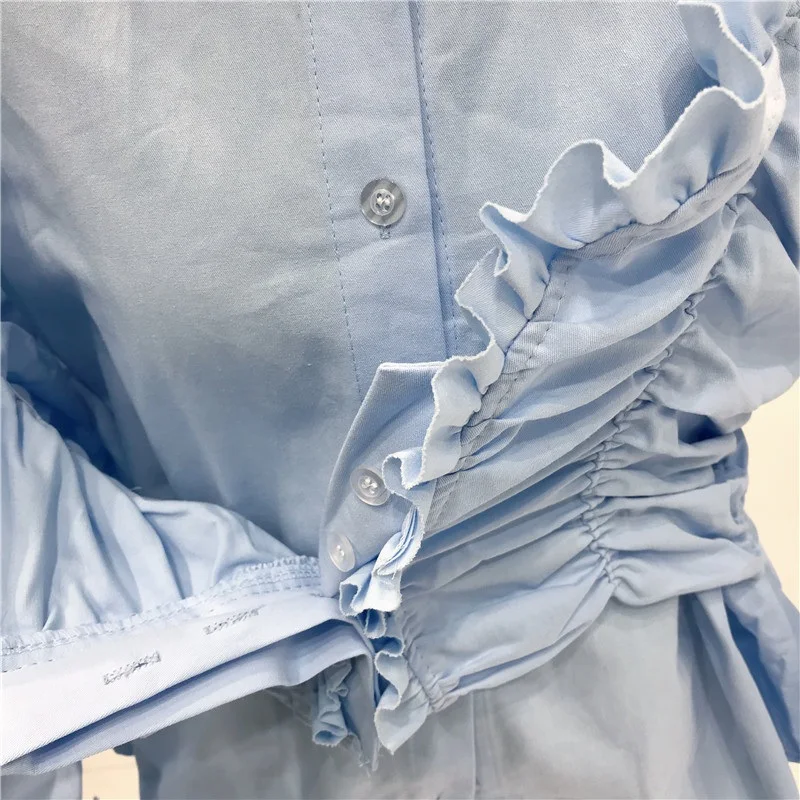 

Fashion New Cotton Blouse Puff Long sleeve Tops 2021 Spring High street Turn down collar Pleated Female Shirt Solid YNZZU 1T011