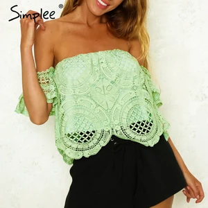 Женская белая кружевная рубашка Simplee, привлекательная полая блузка с открытыми плечами, элегантная камисоль с расклешенными рукавами, майка на лето