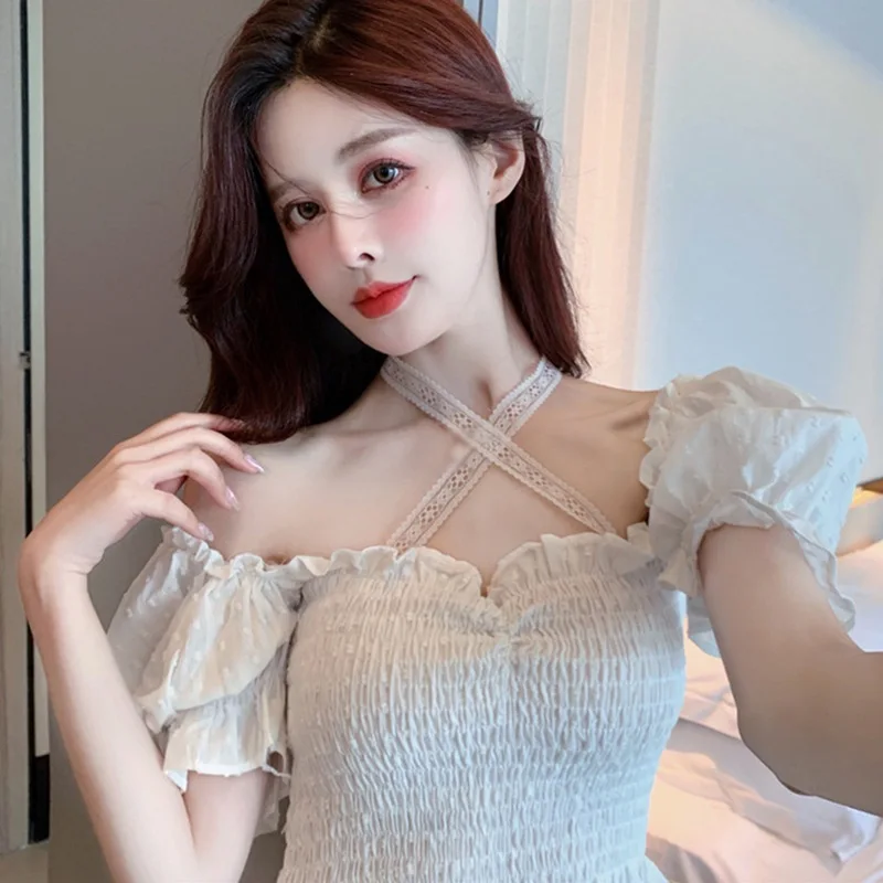 

Summer Short Puff Sleeve Lace Halter Slim Short Sleeve Top Purple One Size