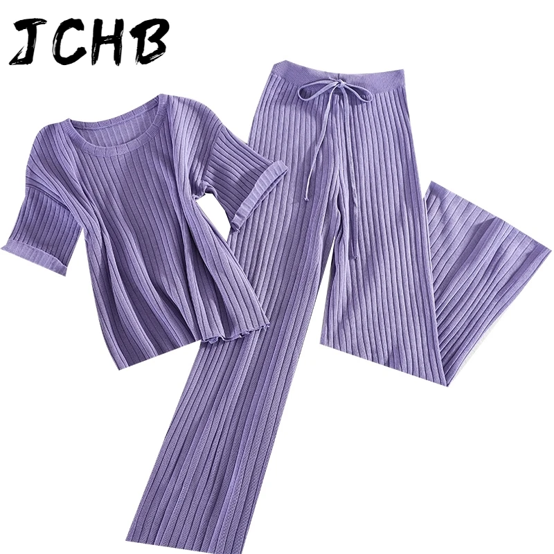 

JCHB Summer New Solid Knit Short Sleeve Tees Two Piece Set Women 2021 Fashion Slim Knit T Shirt Wide Leg Pants Women's Costumes