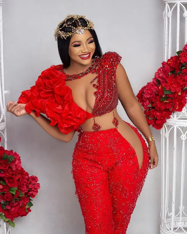 Luxury Beading Red Jumpsuits Prom Dresses With Detachable Skirt African Crystal Ruffles Evening Dress Plus Size Formal Gowns