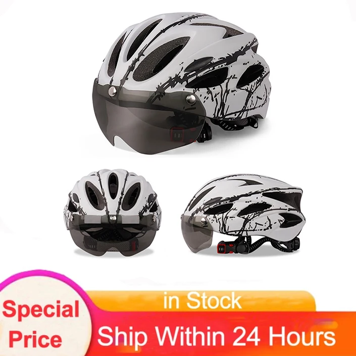 

Cycling Safety Helmet Outdoor Motorcycle Bicycle Taillight Helmet With Removable Lens Visor Mountain Road Bike Helmet Men Women