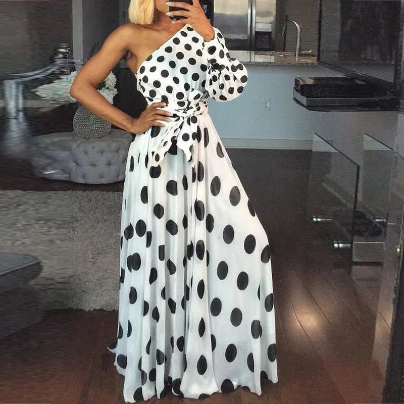 

New women's dress one-shoulder sleeve polka-dot slim long dress