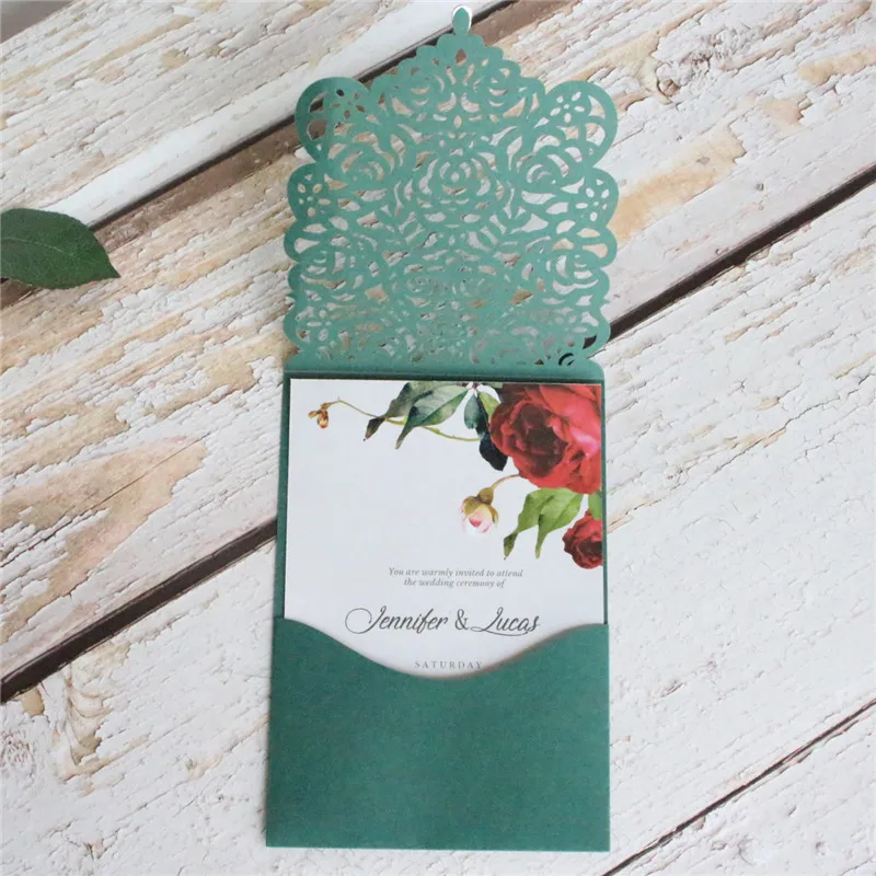 Burgundy wedding card invitation rustic rose bridal invite pocket customized design printing 50pcs | Дом и сад