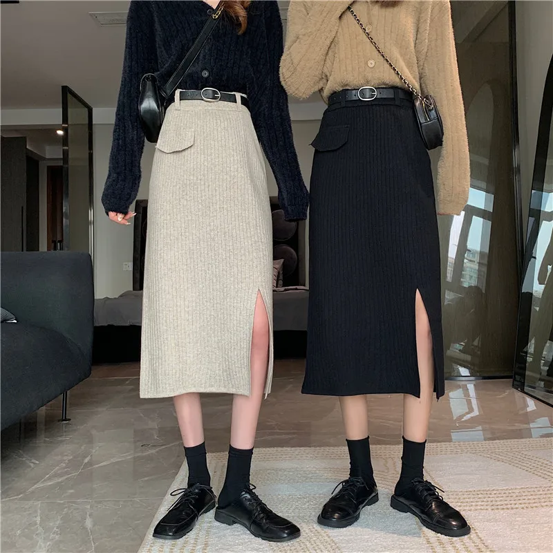 

Sister Fara New Spring Autumn Woman's Knitted Split Long Skirt High Waist Thin Korean Solid Color OL Office Lady Pocket Skirt