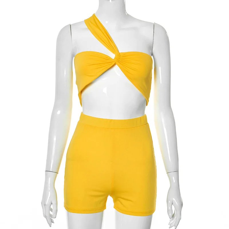 

Sibybo Two Pieces Womens Shorts And Top Set Summer Off Shoulder Crop Tops And Biker Shorts Suit 2021 Femme Summer Casual Outfits