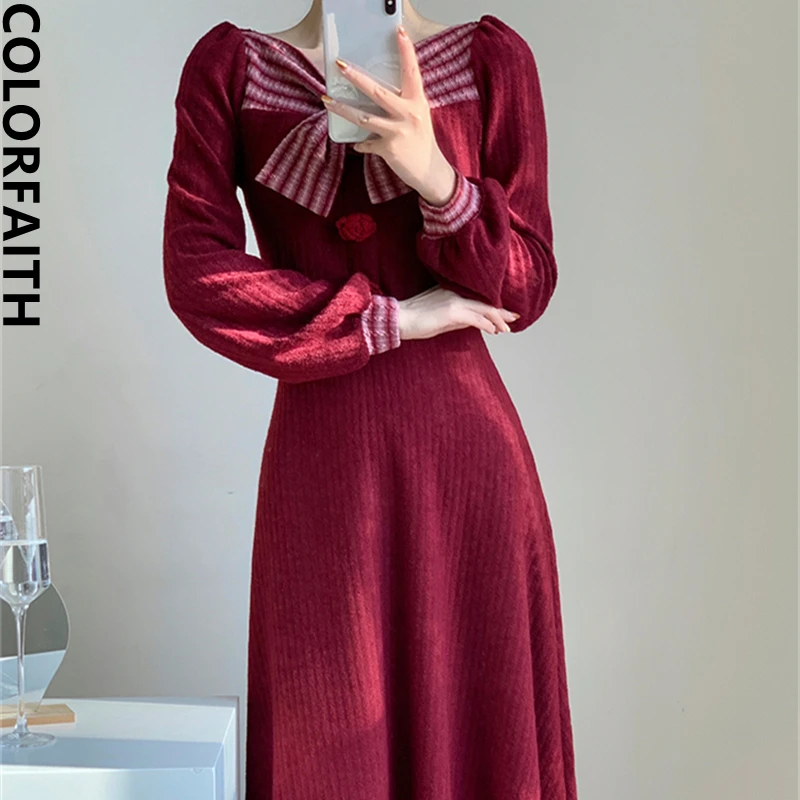 

Colorfaith/Новинка 2022 года; Вязаное элегантное женское винтажное модное платье с пышными рукавами; Женские вечерние длинные платья; Сезон весна-...