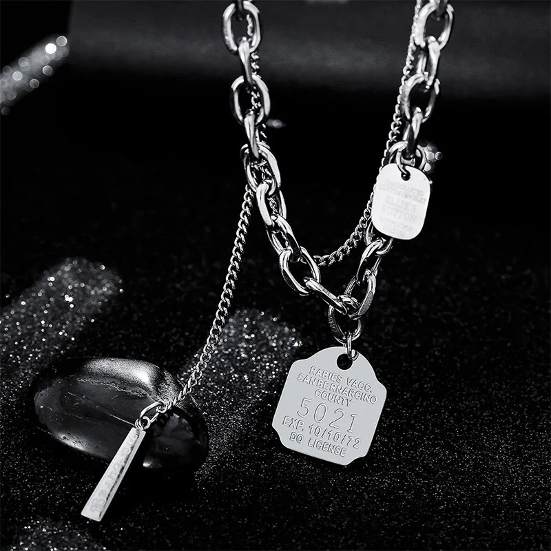 

European And American Hip Hop Double Layered Letter Square Brand 5021 Pendant High Sense Sweater Chain Necklace Male
