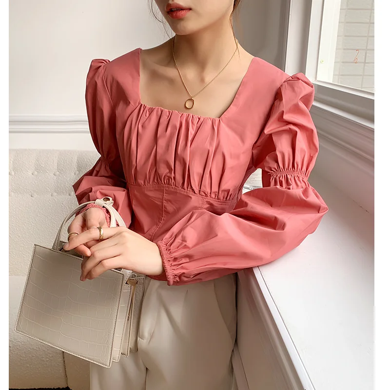 

square collar women tops 2021 spring summer new design Slimming fashion solid color ruffle female long sleeve simple short shirt