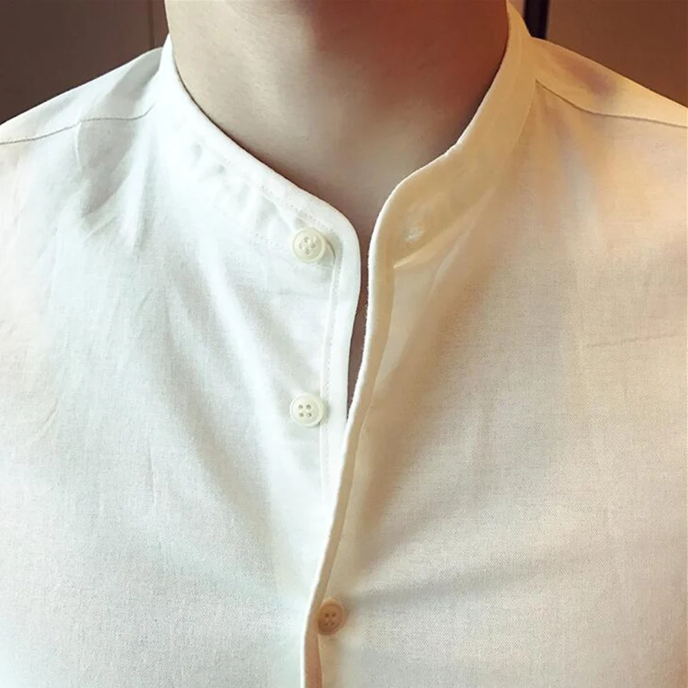 

High Quality Men Black Casual Shirt Long Sleeve White Dress Shirts Slim Fit Mens Stand Collar 2021 Spring Solid Color Blouse