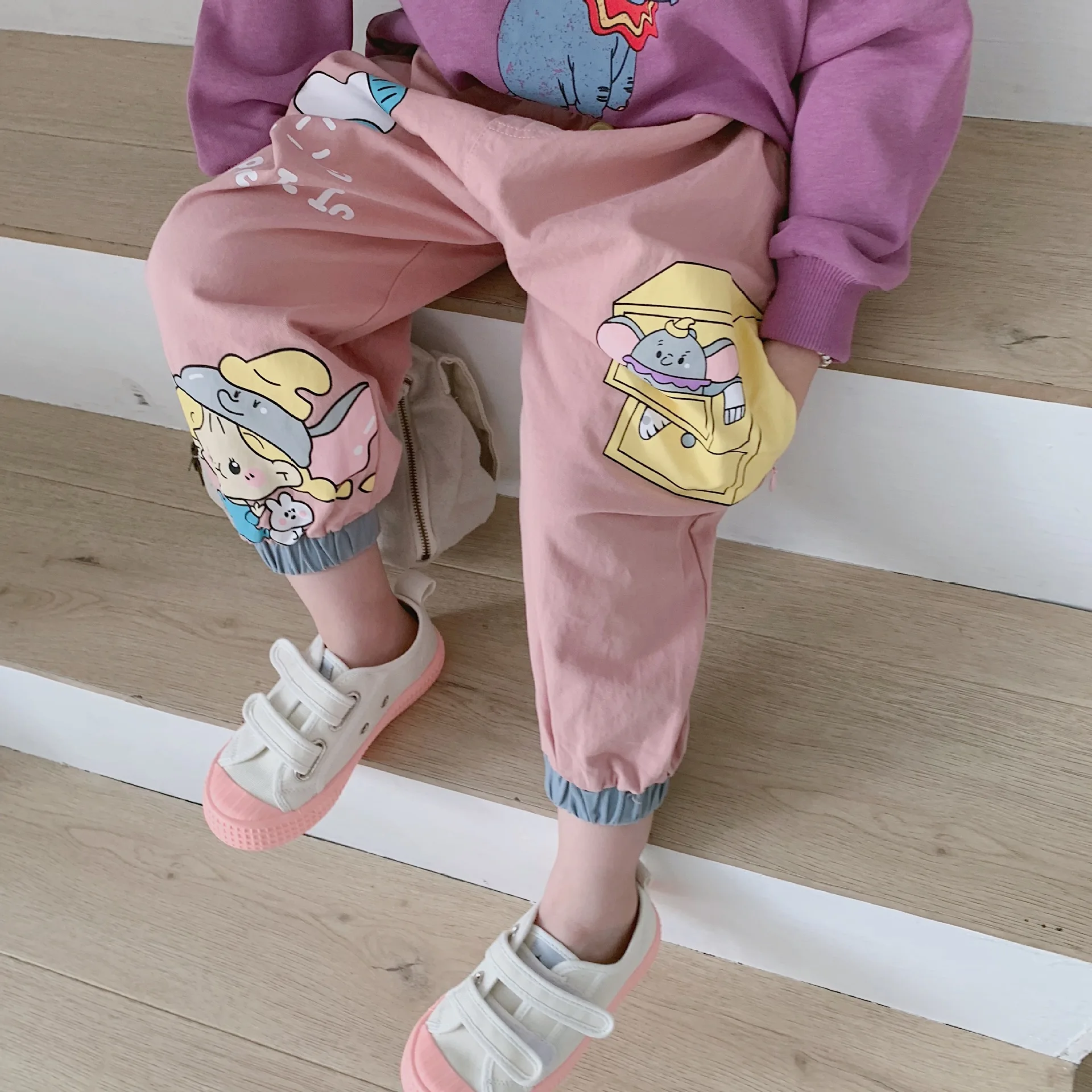 Tonytaobaby/Новые Осенние штаны с рисунком для маленьких девочек розовые штаны с изображением слона для девочек детские осенние