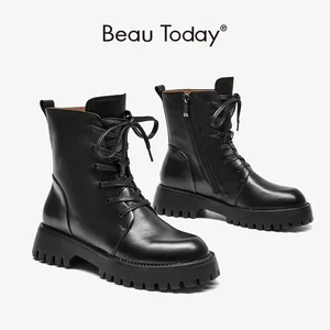 Ботинки женские из коровьей кожи на платформе, с круглым носком, на молнии, на толстой подошве, ручная работа, 04428