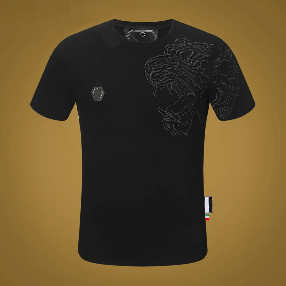 

QP Philipp Plein-Brand Cheetah Embroidery Skinny Tees Men Fashion PP Black T-shirt Man Cotton T shirt 2021 Summer Men Clothing