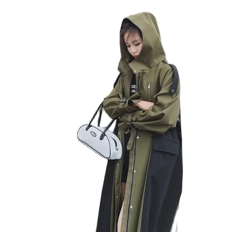 

Retro Army Green Windbreaker Women's Spring Autumn 2021 New Korean Loose Hooded Casual Long Trench Coat Fall Women Clothing D109