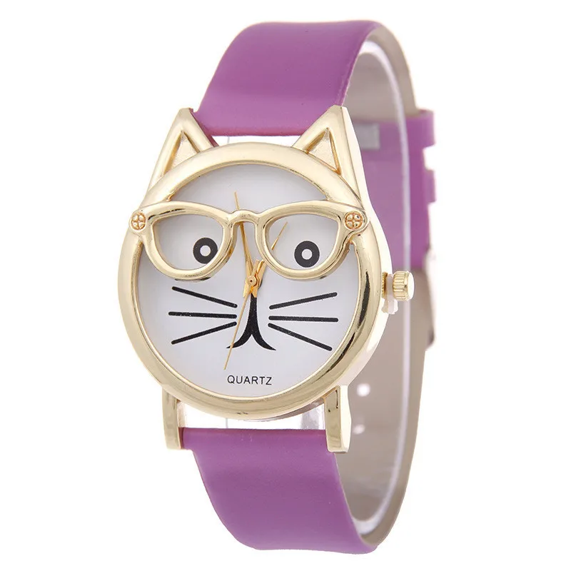 

Hot Sale Glasses Cat Watch Fashion Leather Strap Case material stainless Wrist Watch Women Watches quartz clock Reloj Mujer